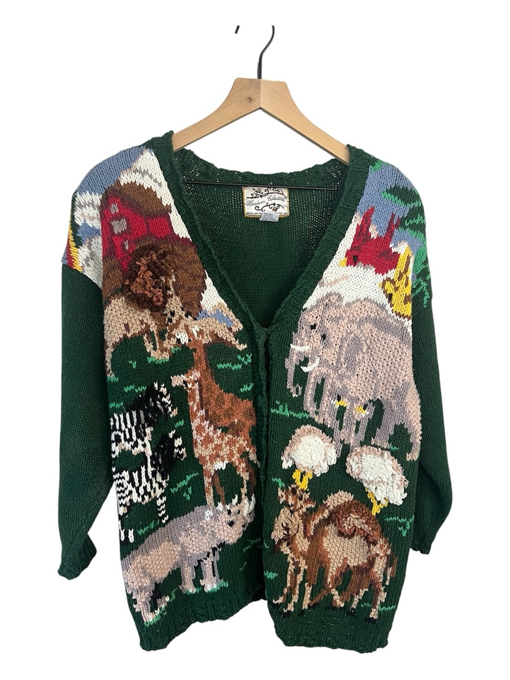 Vintage 90s Noah’s Ark Intarsia Hand KnitnV-Neck Cardigan Sweater - Dark Green